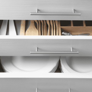 decluttered, organized kitchen drawers filled with utensils and white plates