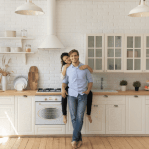 happy couple in organized kitchen