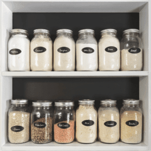 glass jars of food in organized pantry