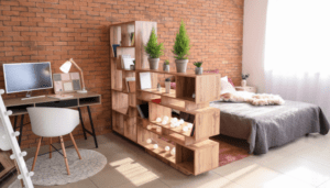 shelving can be used as room dividers in small spaces